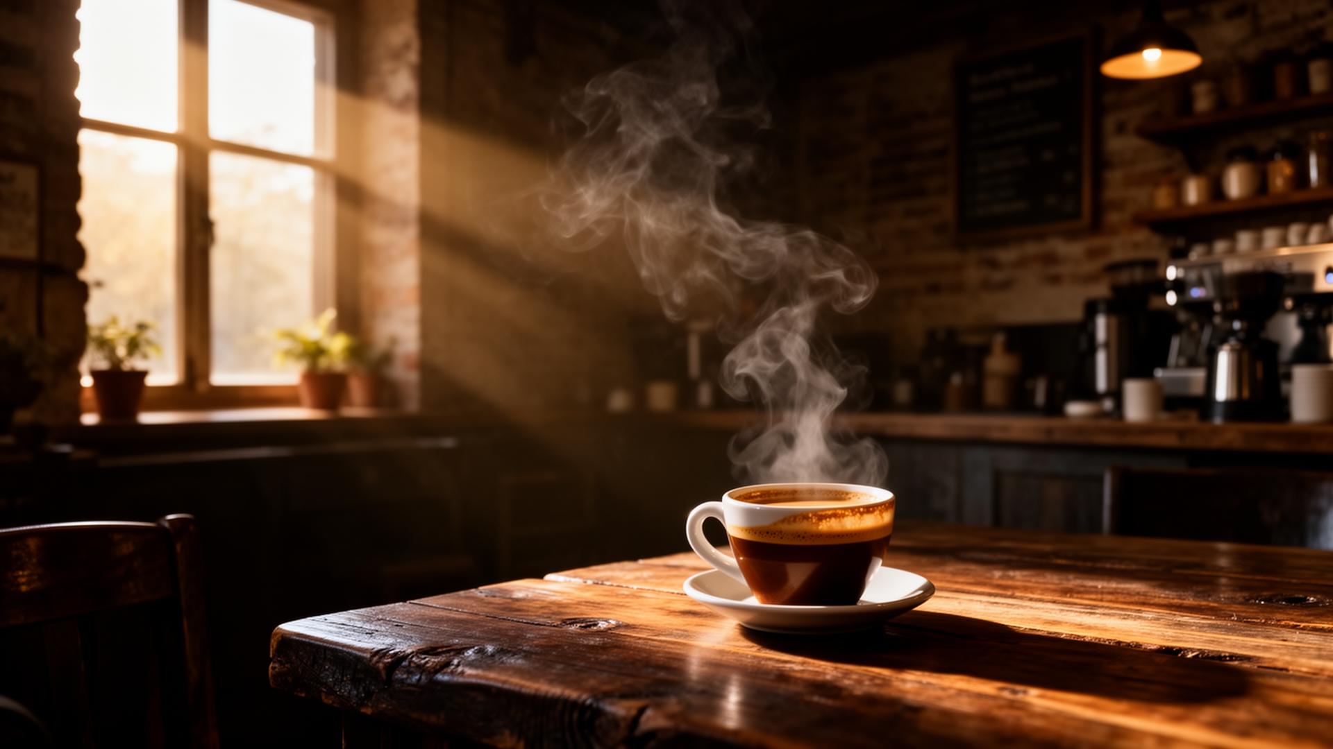 Steaming espresso on a wooden table in a warmly lit coffee shop